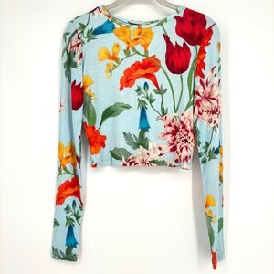 Alice + Olivia Floral Long Sleeve Crop Top Blue Viscose Knit Stretch Fitted S
